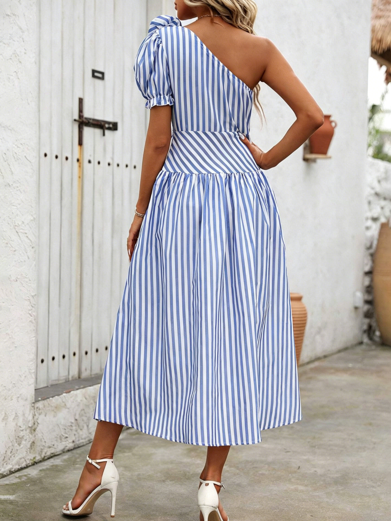 Blue White Striped One Shoulde - Sundress Midi Floral recension och pris