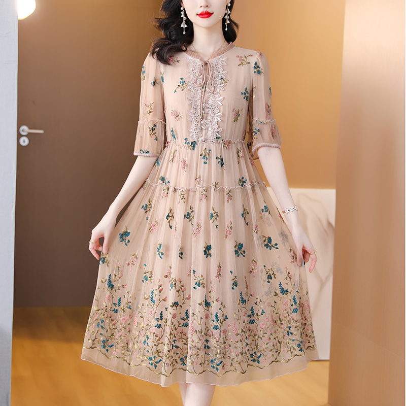 Women Floral Natural Silk Embr - Sundress Midi Floral recension och pris