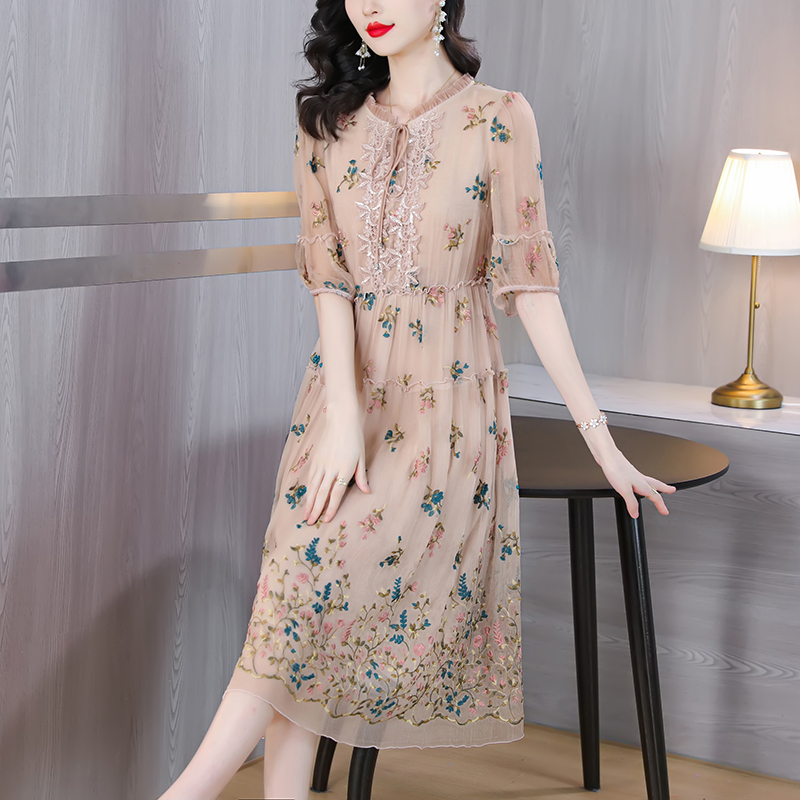 Women Floral Natural Silk Embr - Sundress Midi Floral recension och pris